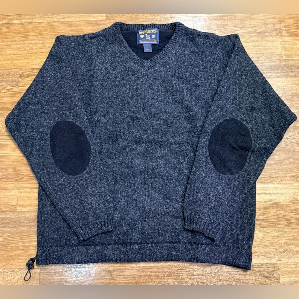 Mens Dark Gray preppy Woolrich Shetland wool pullover sweater kangaroo pocket L